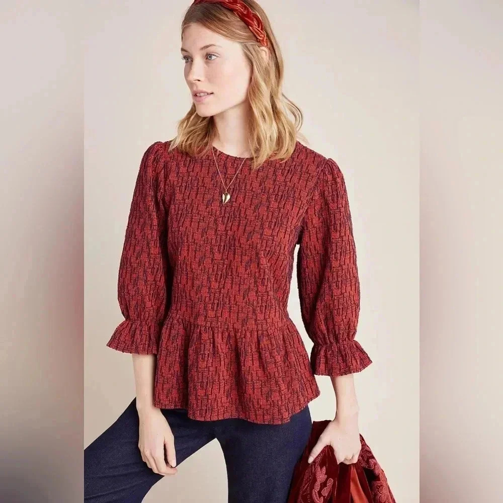 Ro & De Anthropologie Top Size S âparetteâ Peplum Orange Navy Preppy Career City